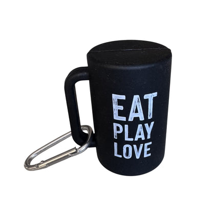 Black dog waste bag holder with 'Eat Play Love' text 