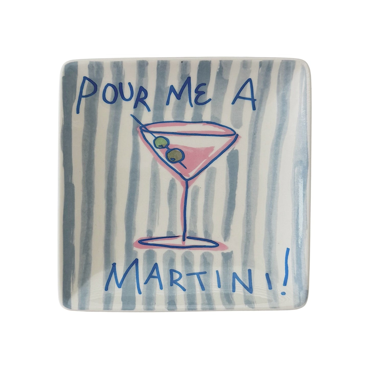 Square ceramic coaster with a martini glass illustration and text on a striped plate