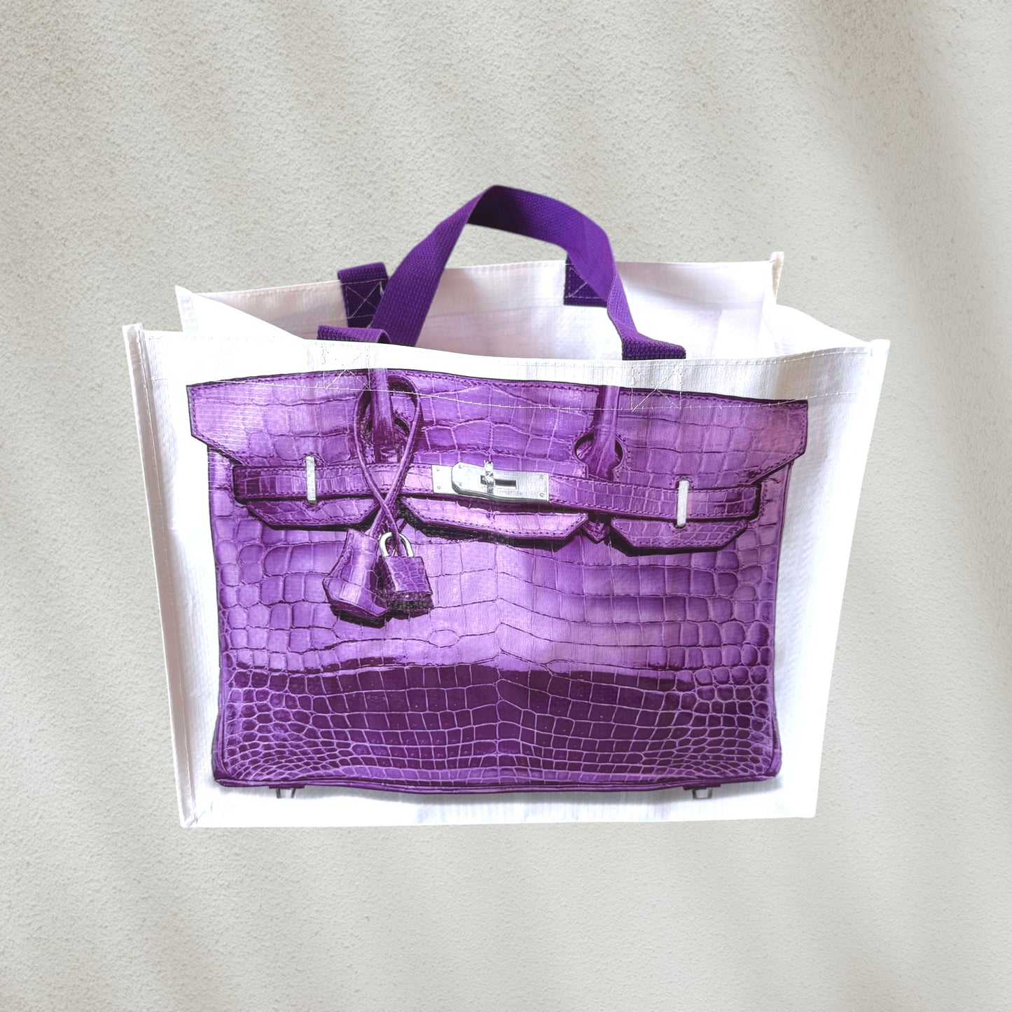 Purple crocodile-patterned plastic tote with Birkin look