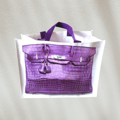 Purple crocodile-patterned plastic tote with Birkin look
