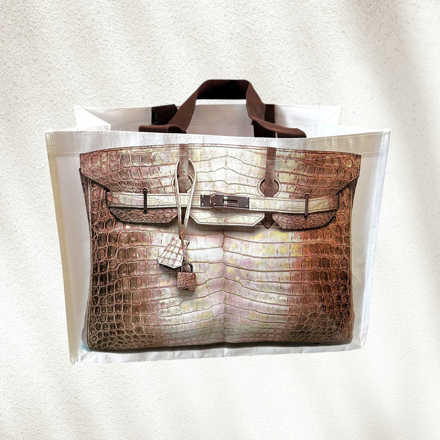 Brown textured plastic tote with Birken pattern