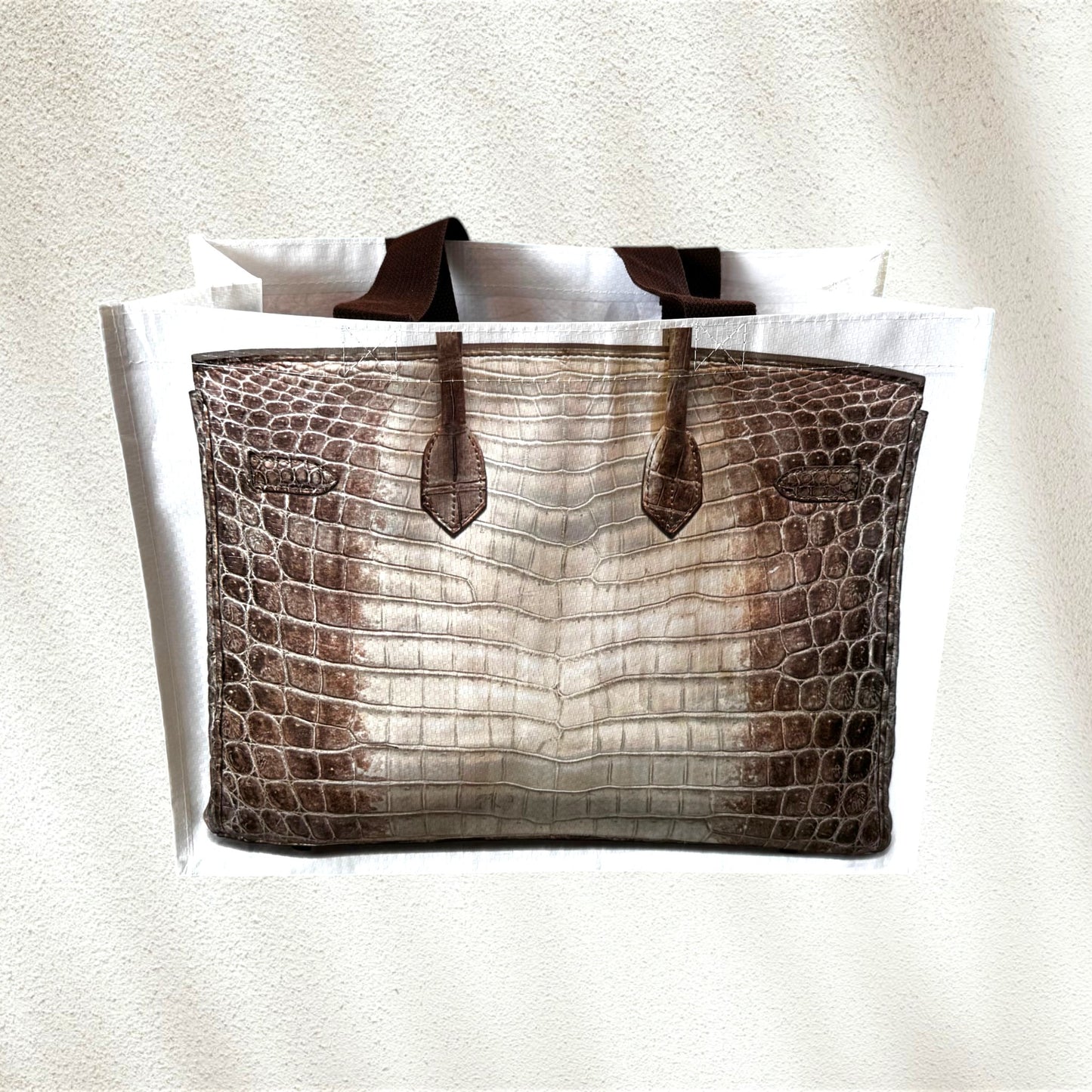 Brown textured plastic tote with canvas handles with Birkin look