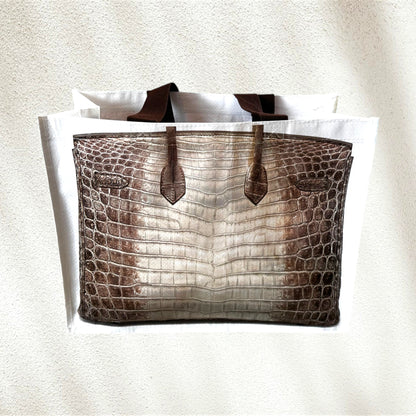 Brown textured plastic tote with canvas handles with Birkin look
