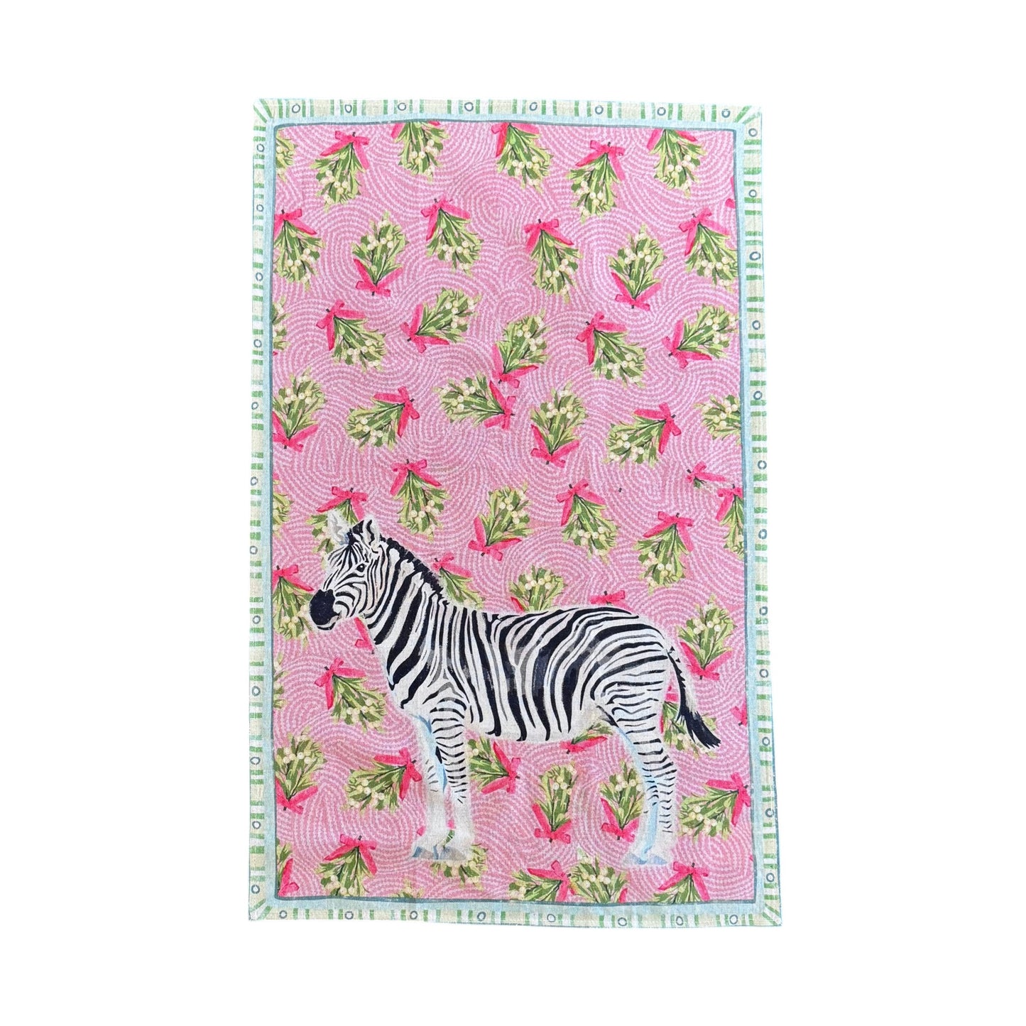 Towel with zebra design: pink and green patterned background