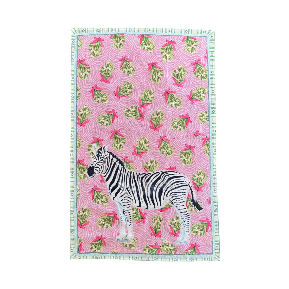 Towel with zebra design with a pink and green patterned background