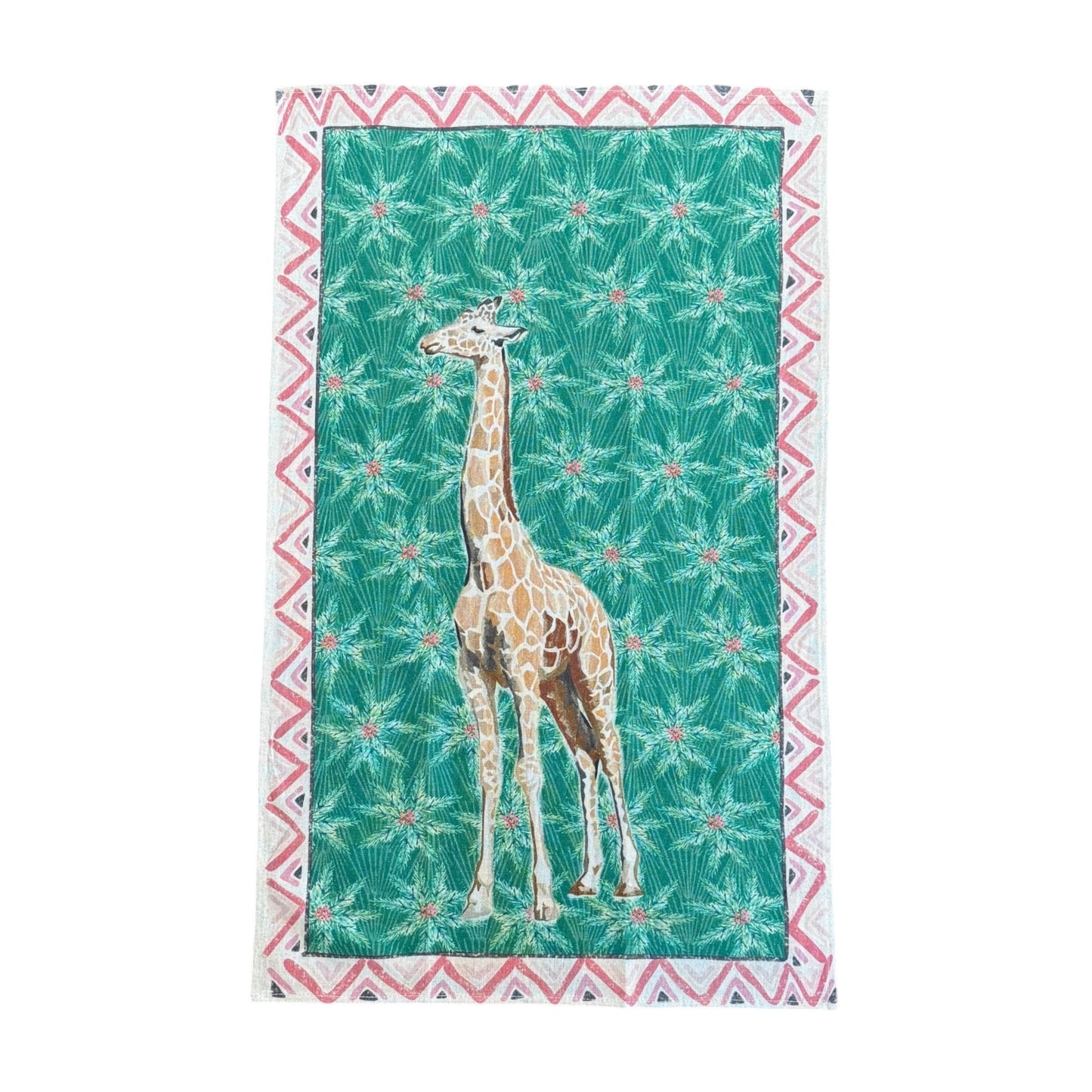 Giraffe illustration on a green patterned decorative towel