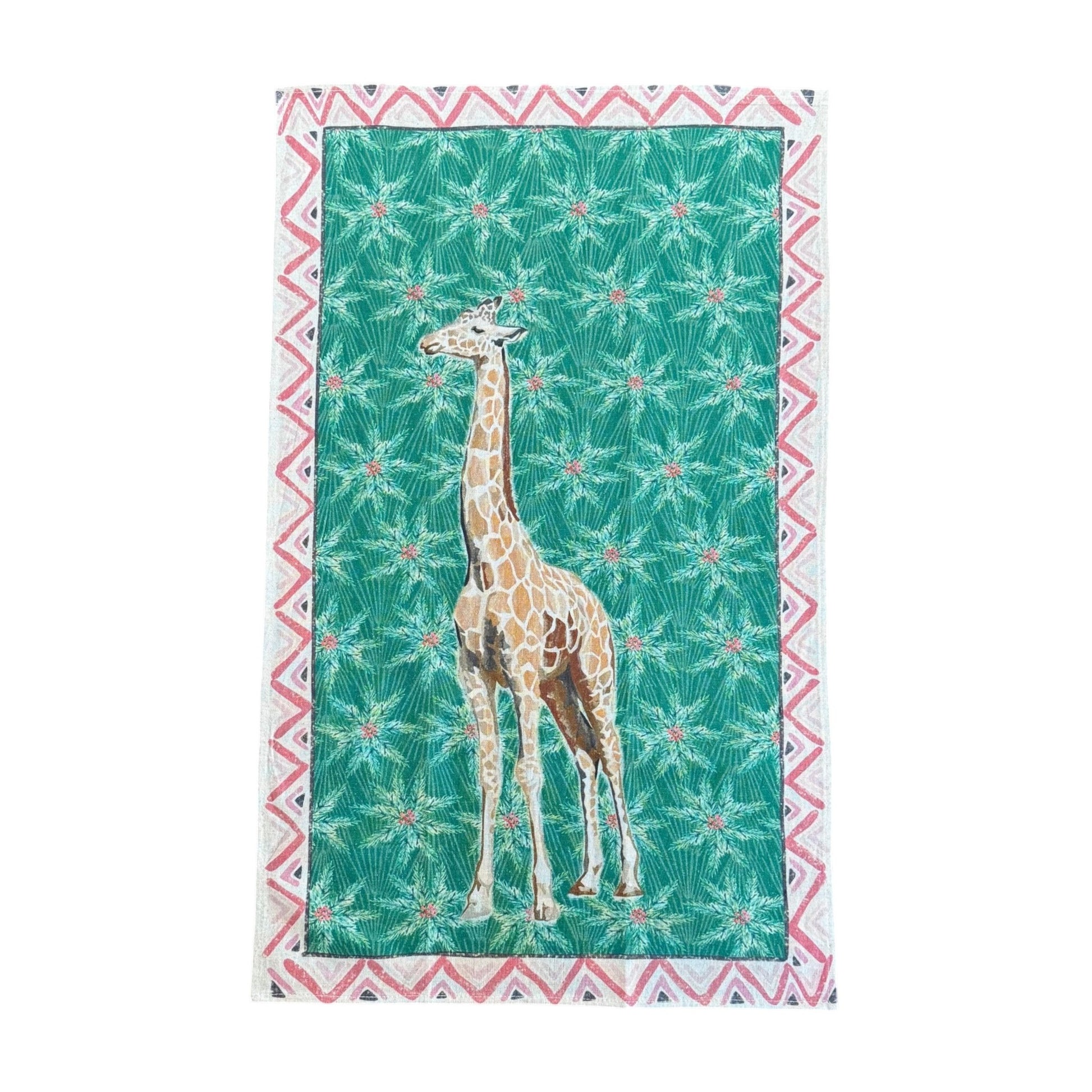 Giraffe illustration on a green patterned decorative towel