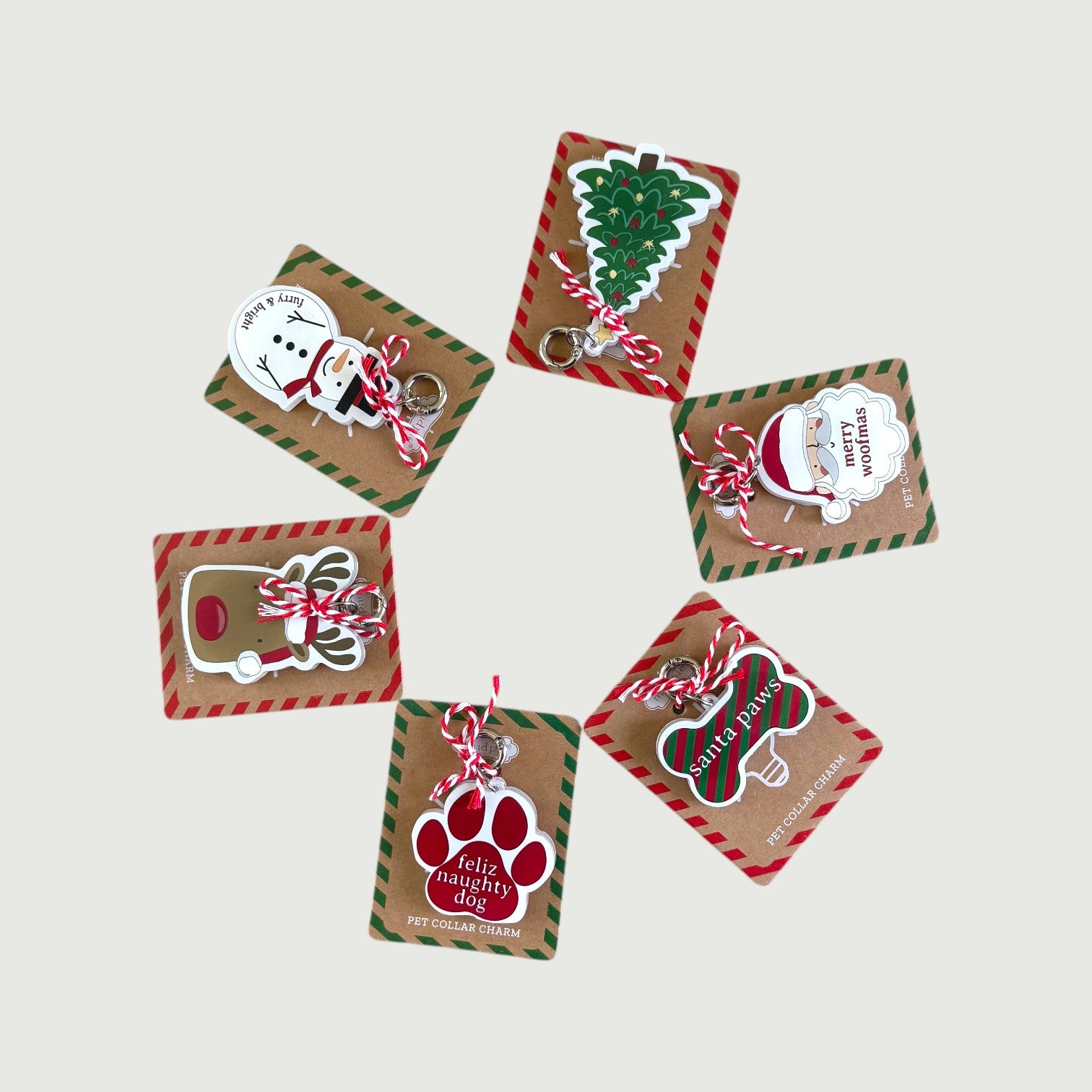 A variety of Christmas-themed light up pet tags 