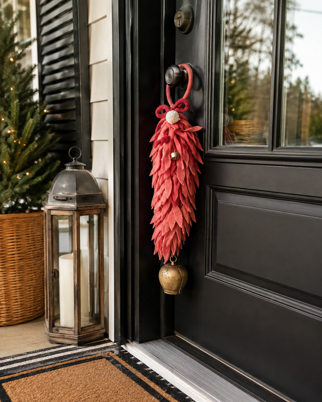 A decorative coral red leafy door hanger ornament with a small gold bell at the bottom, hung on a black front door next to a lantern and potted tree.