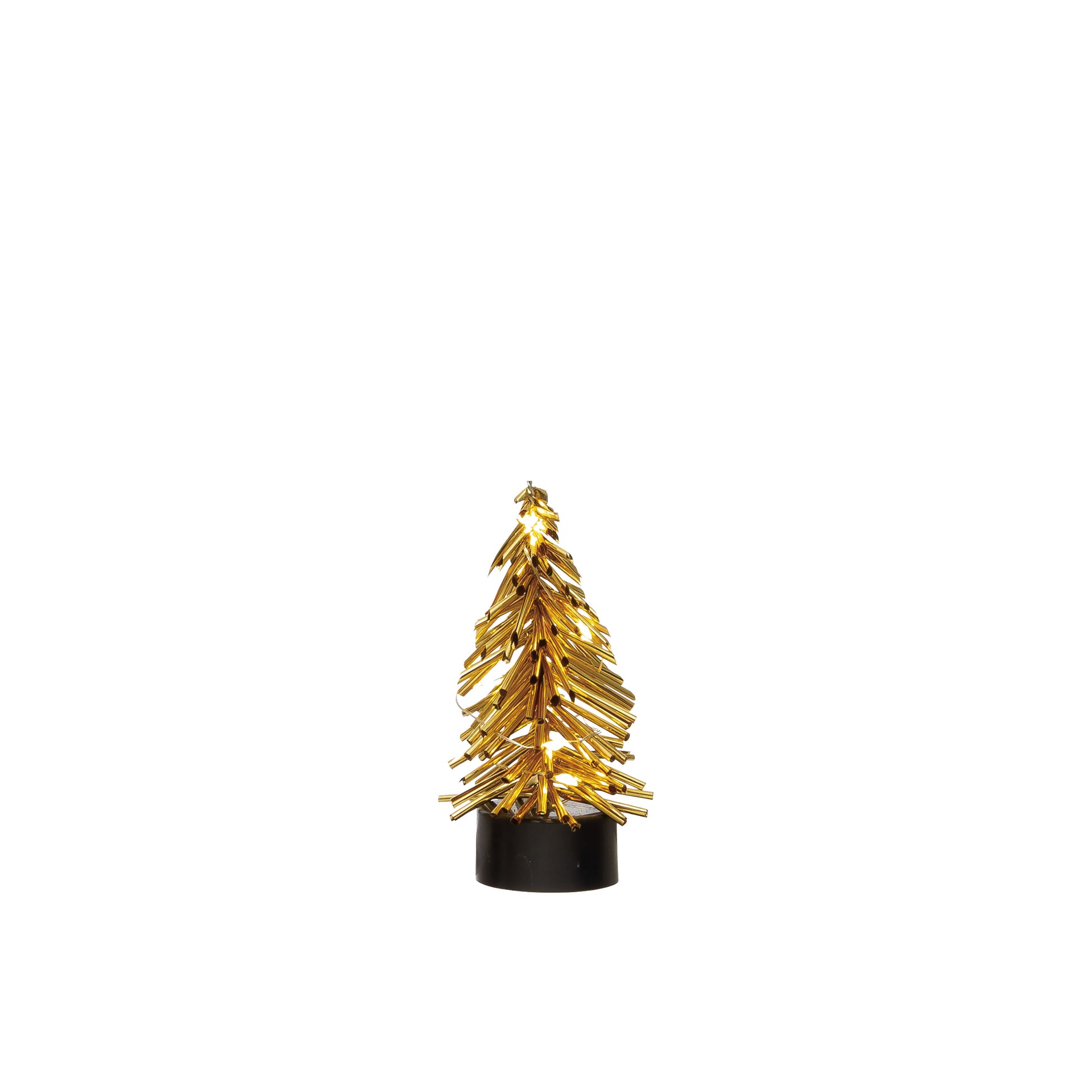 Gold Christmas tree decoration on a black base against a white background