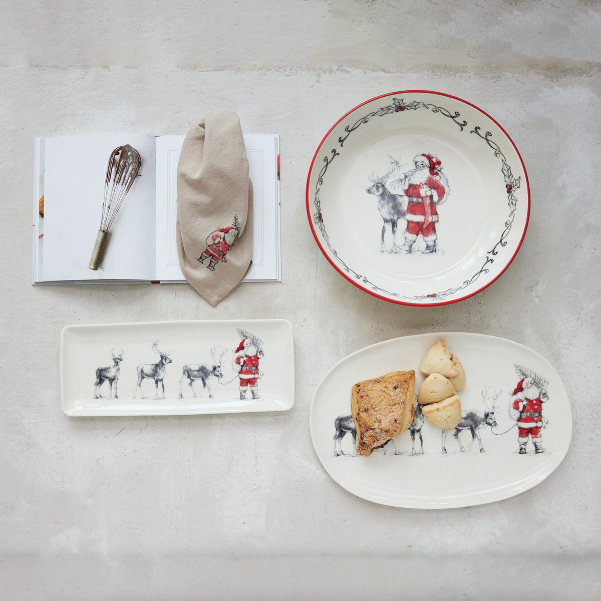 Decorative plates with Christmas themed illustrations with Santa and reindeer
