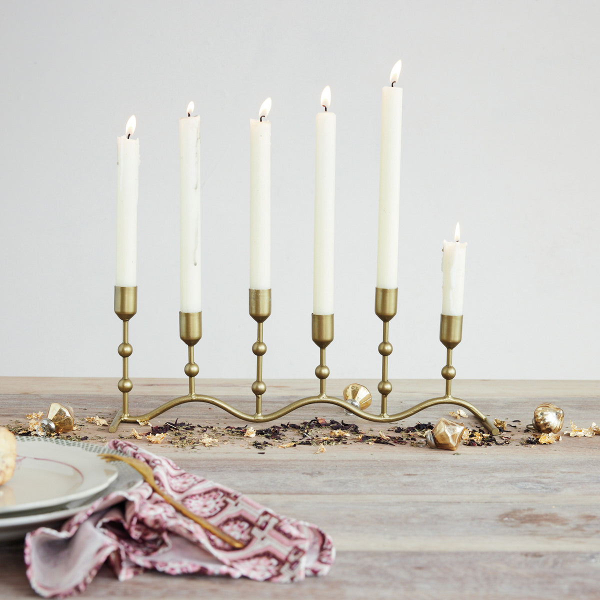 Antique Gold Iron Candle Runner: 6 Taper Candle Holder
