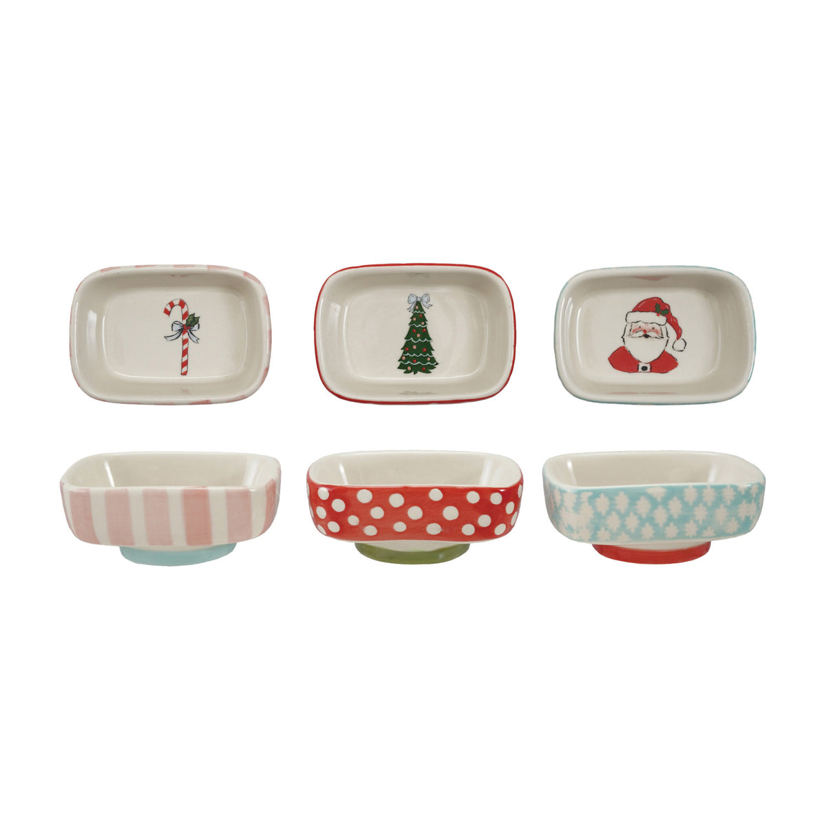 Ceramic footed dishes with festive holiday designs -polka dots, stripes  holiday colors