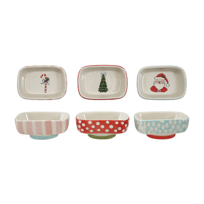 Ceramic footed dishes with festive holiday designs -polka dots, stripes  holiday colors