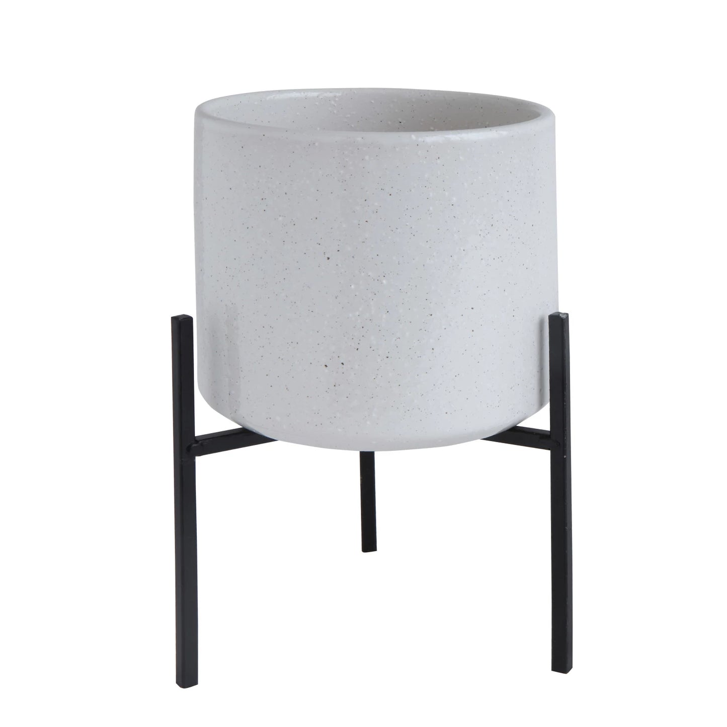 White textured outdoor planter on a black stand 