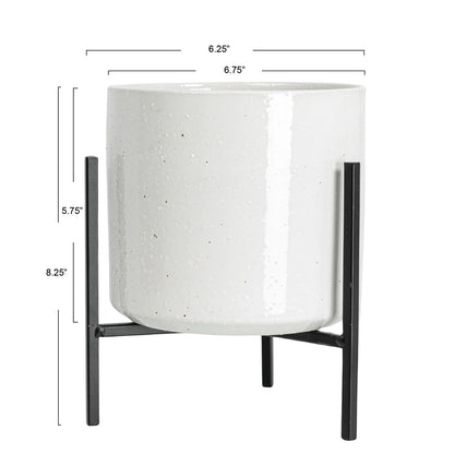 White textured planter with black stand and dimensions displayed