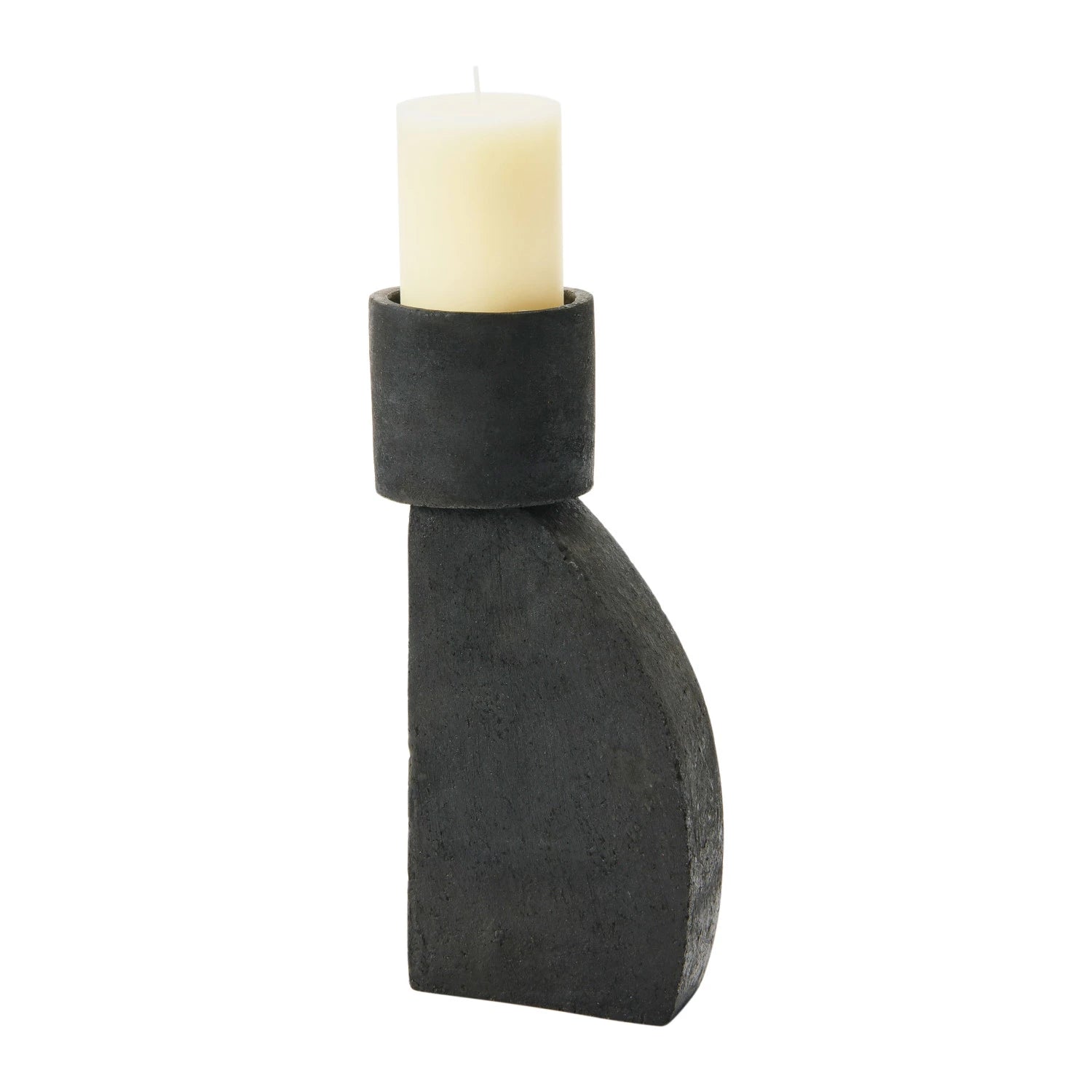 Black candle holder with a white candle 