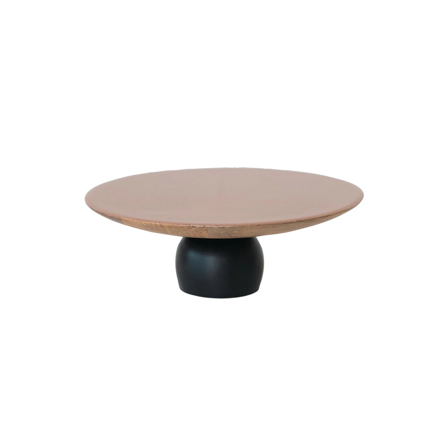 Round serving pedestal with a wooden top and black base 