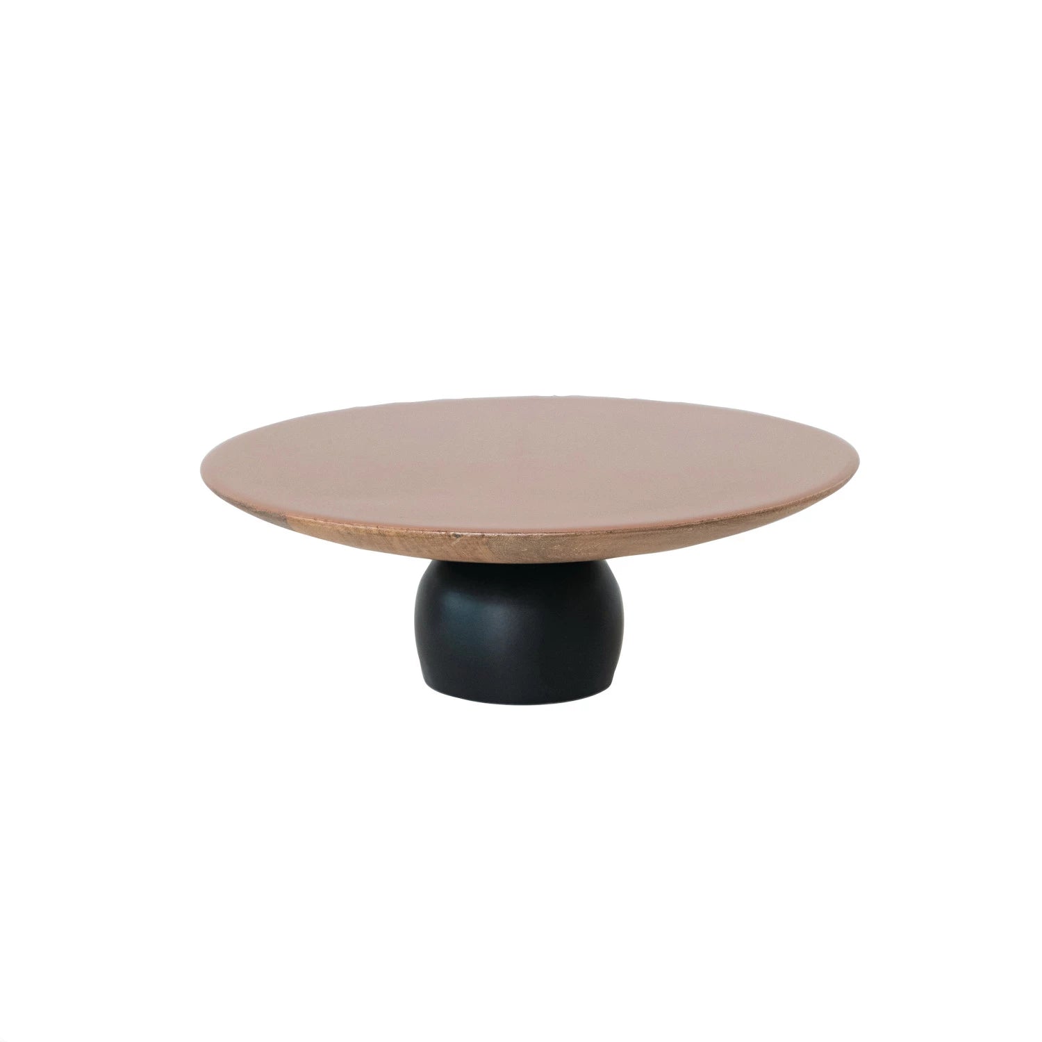 Round serving pedestal with a wooden top and black base 