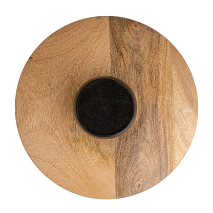 Bottom view of wood pedestal serving piece with black ball base