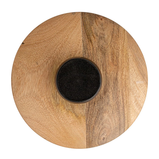 Bottom view of wood pedestal serving piece with black ball base