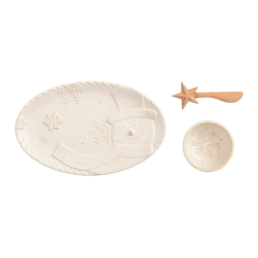 CJ Gift Goddess 3-piece snowman chip and dip set with milk glazed stoneware tray, bowl, and wooden star spreader.