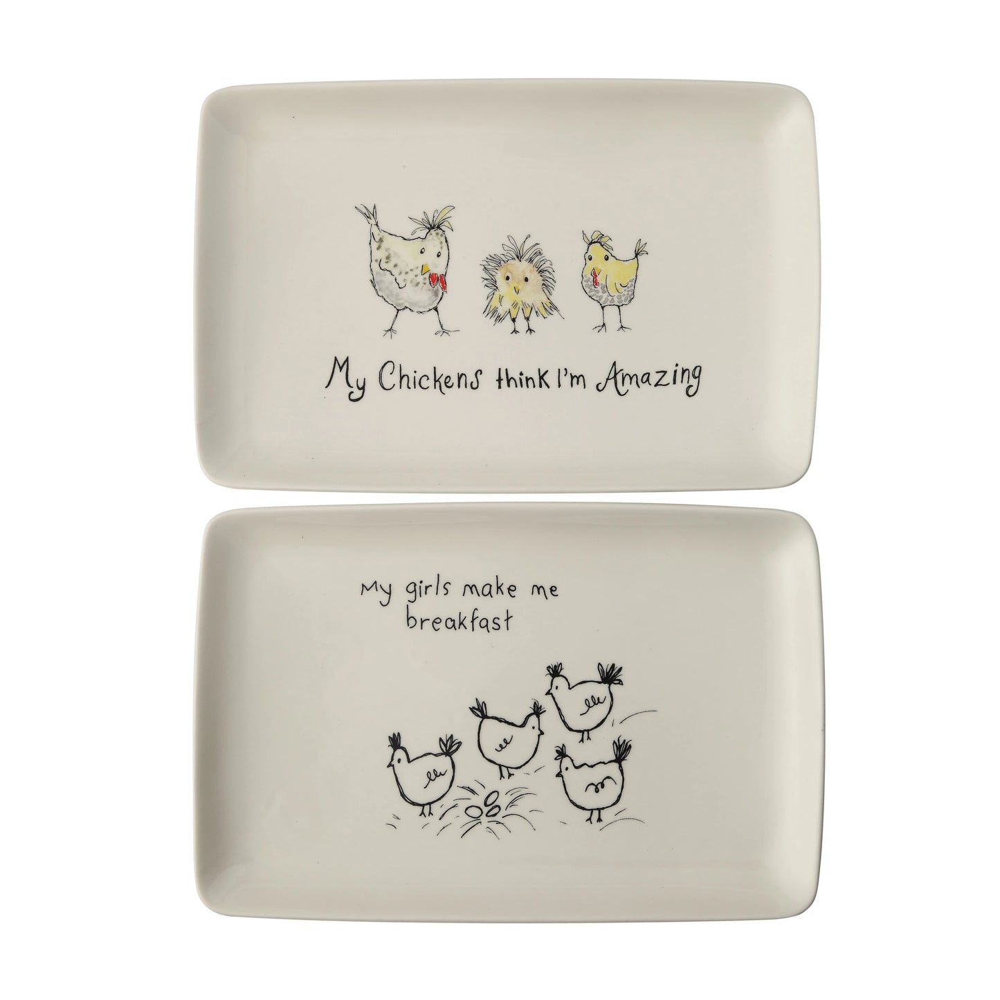 Two cream ceramic trays with chicken illustrations and text "My chickens think I am amazing" and "My girls made me breakfast"