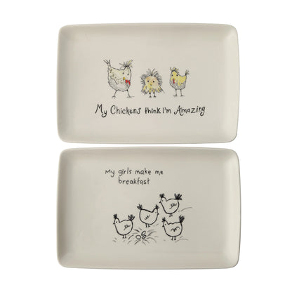 Two cream ceramic trays with chicken illustrations and text "My chickens think I am amazing" and "My girls made me breakfast"