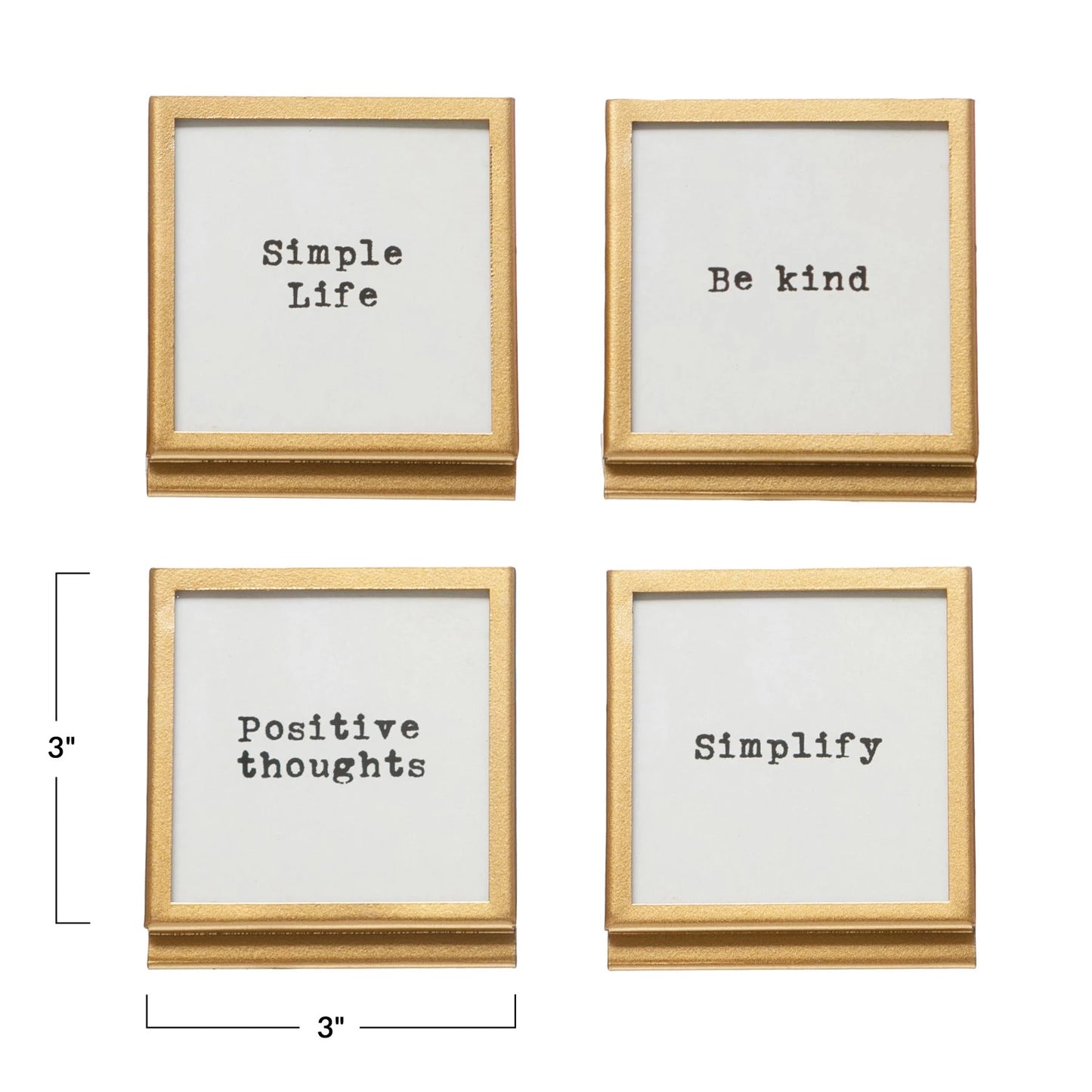 Four square gold metal frames with inspirational sayings