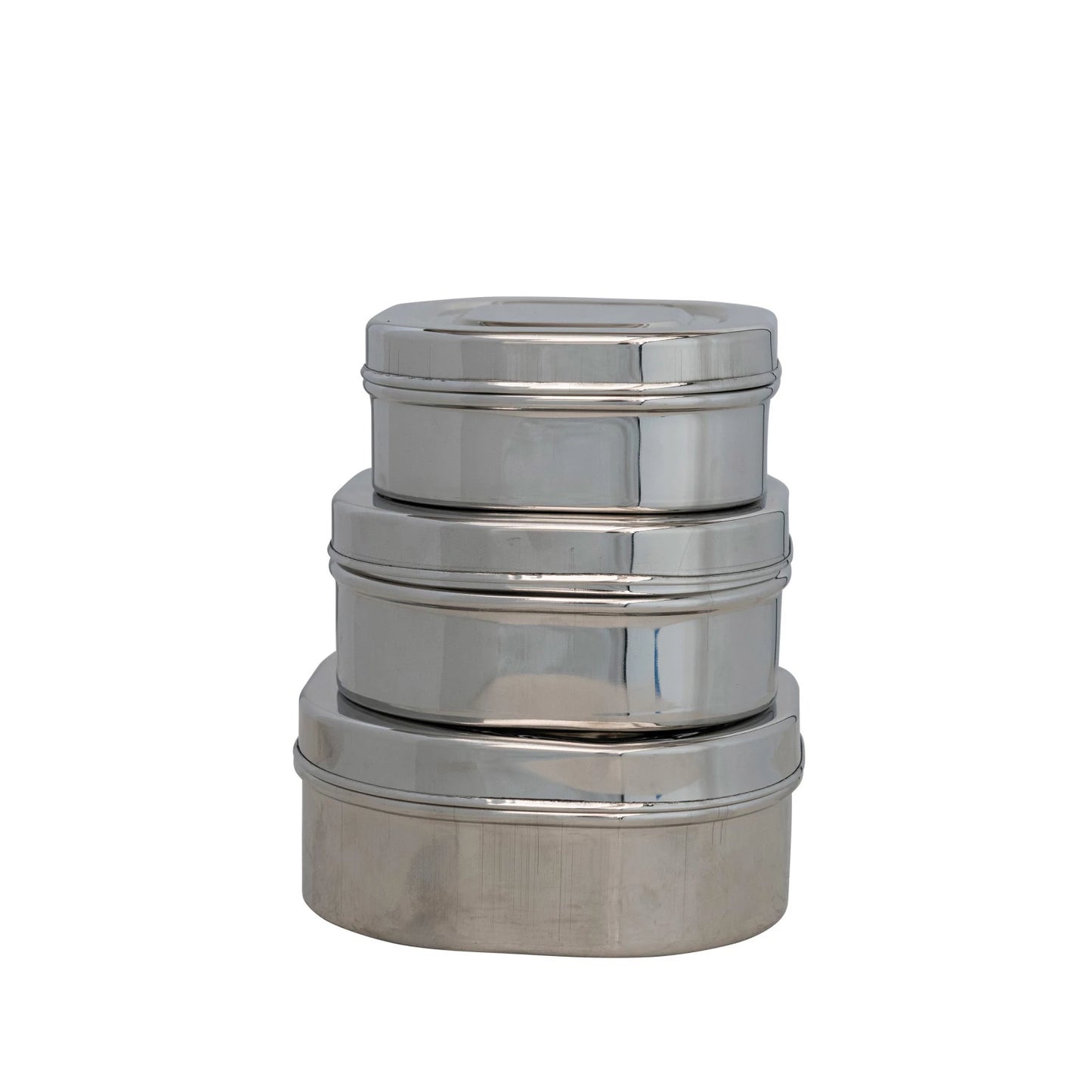 Set of three stacked metal containers