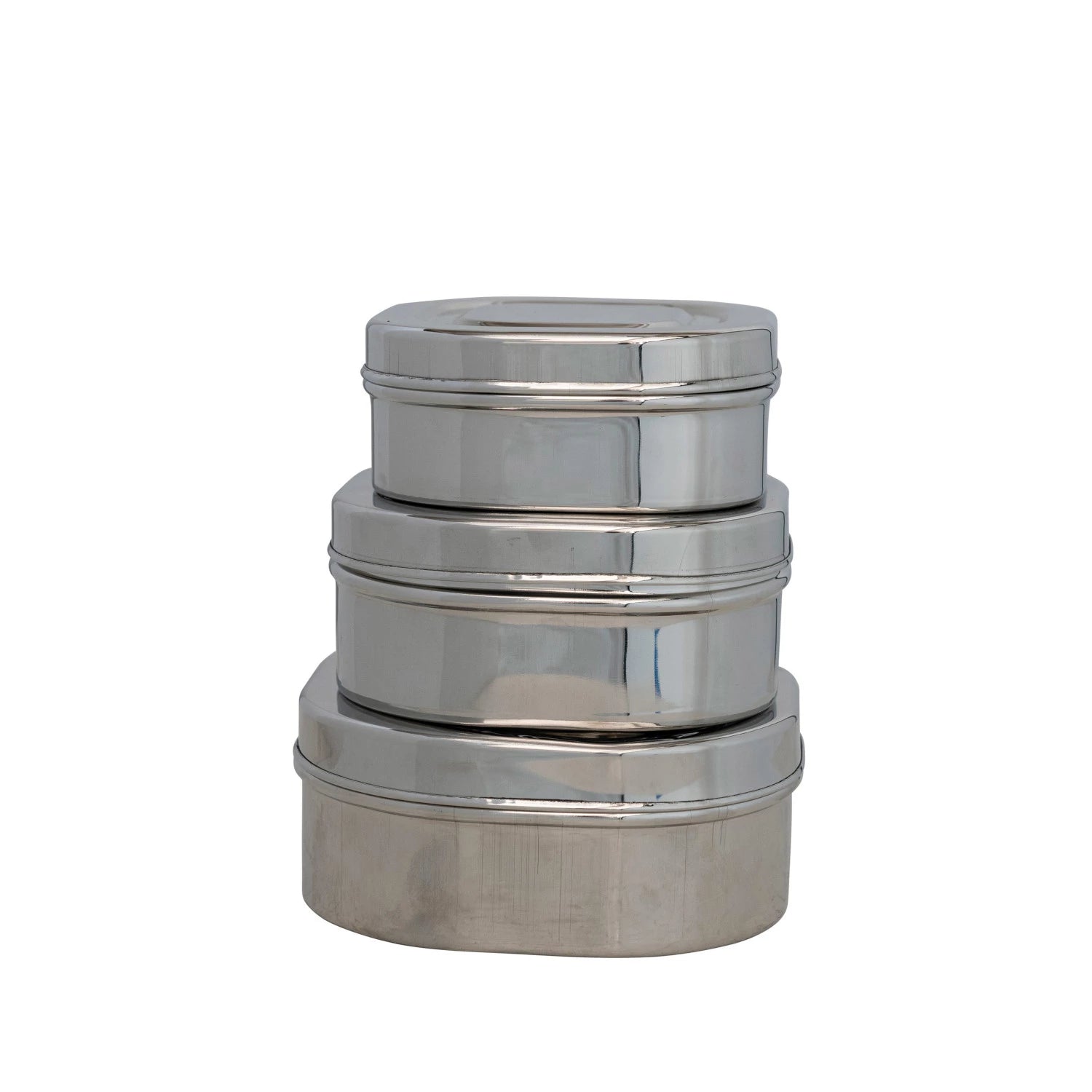 Set of three stacked metal containers