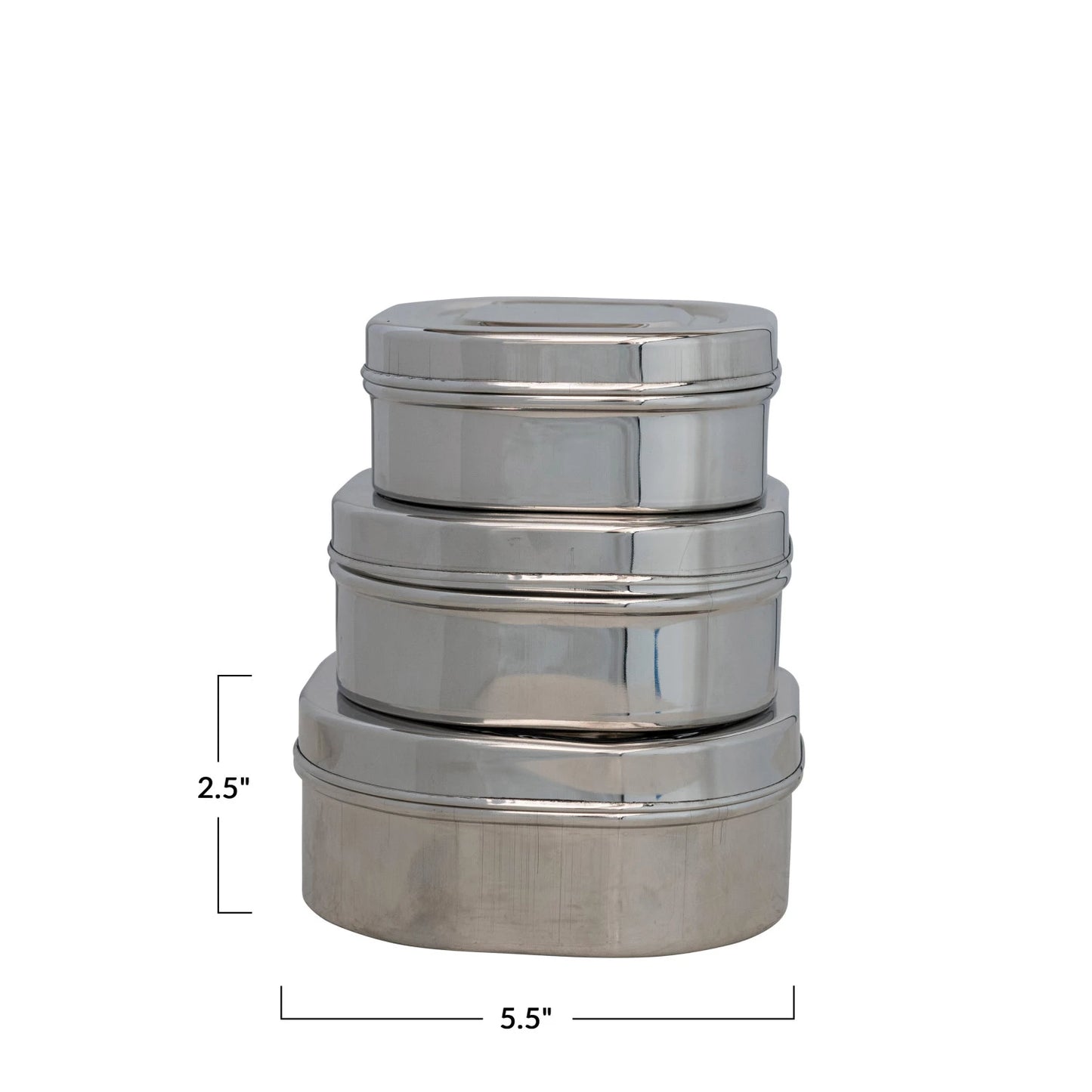Set of three metallic containers with dimensions indicated 