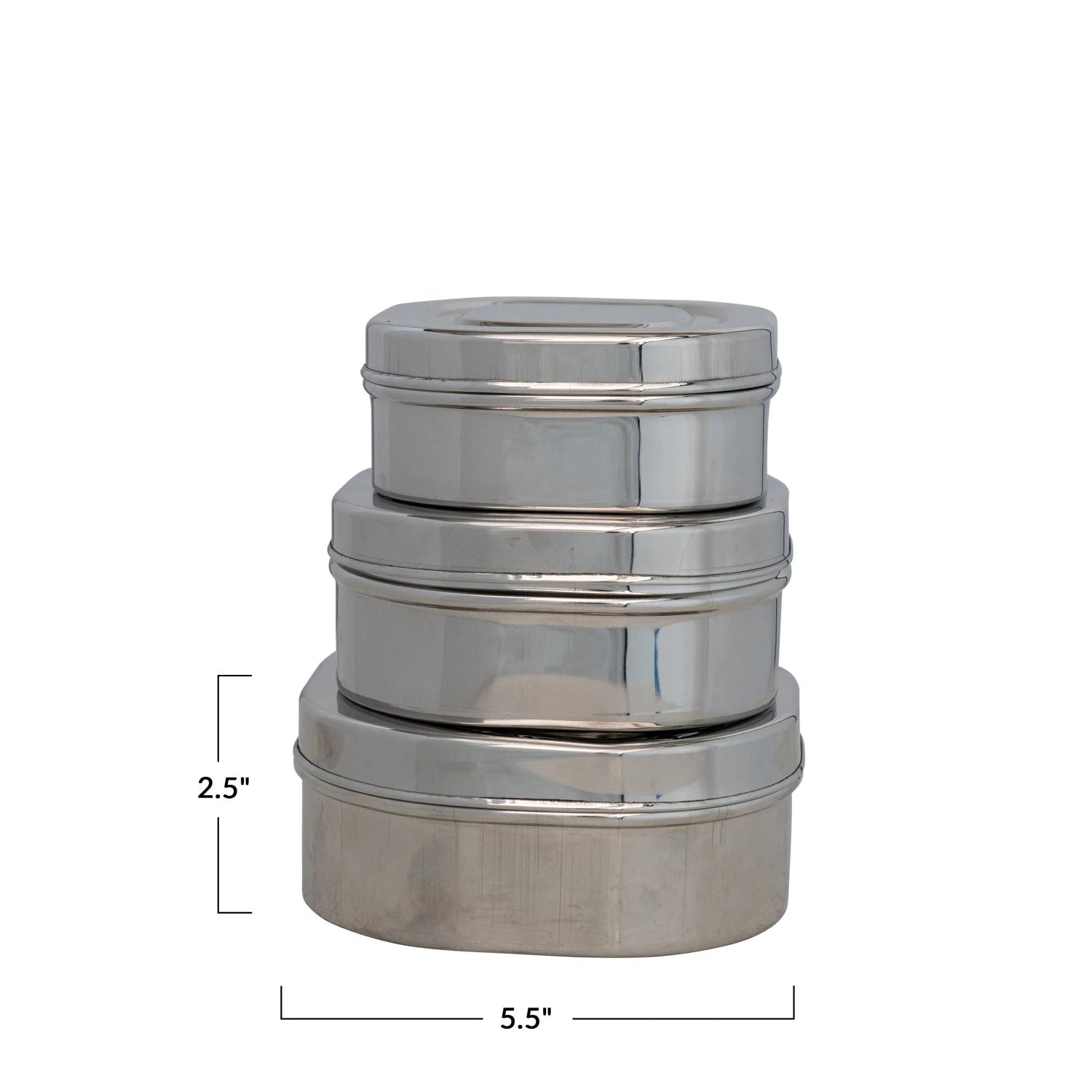 Set of three metallic containers with dimensions indicated 