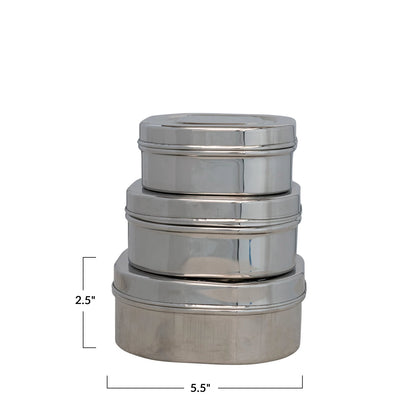 Set of three metallic containers with dimensions indicated 