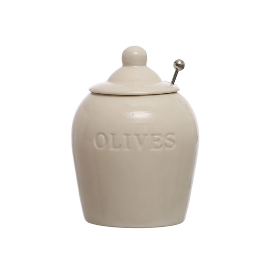 Debossed Stoneware Olive Jar