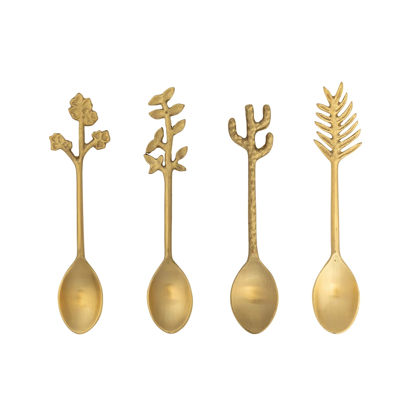 Four gold-colored spoons with decorative handles shaped like plants 