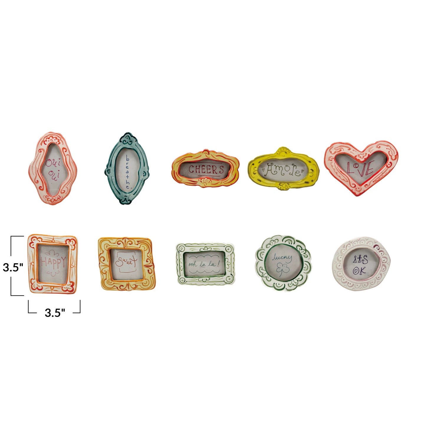 Collection of small decorative picture frames with various designs and text