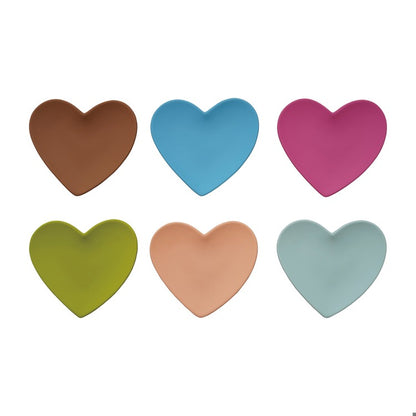 Set of six heart-shaped small plates in bold different colors