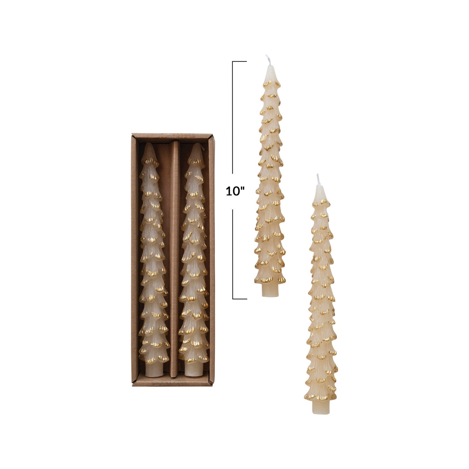 Set of 2 unscented candles in the shape of  trees.  Eggnog color with gold accents on the tips.