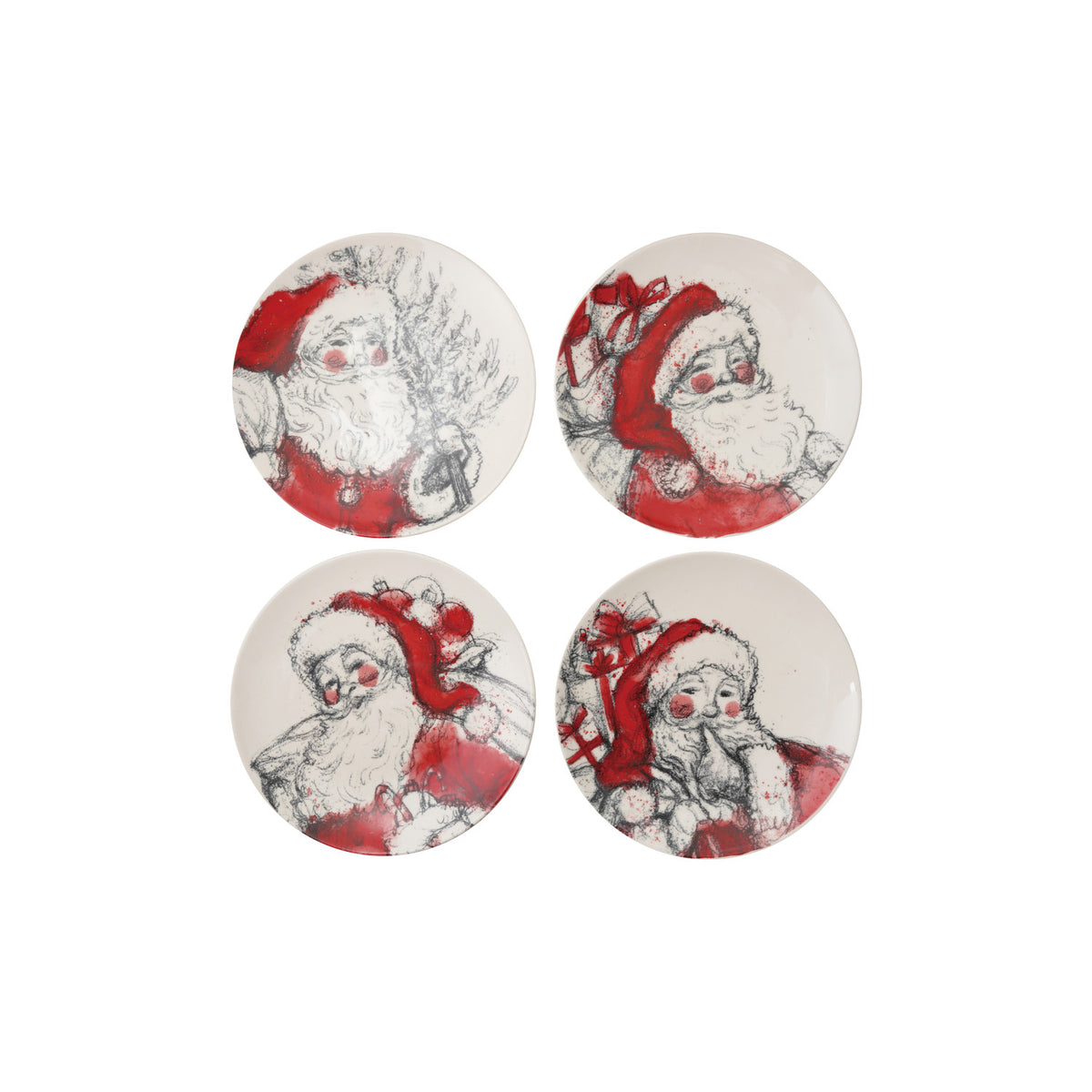 Four round coasters with vintage-style Santa Claus illustrations on a white background.
