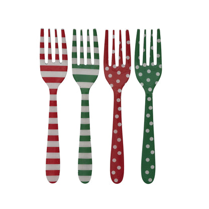 Four colorful red and green forks with stripes and dots with different patterns 