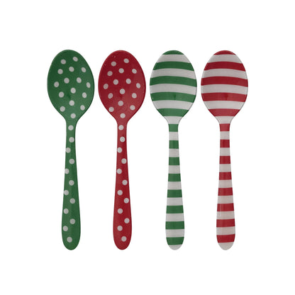 Four colorful red and green spoons with polka dot and striped patterns 