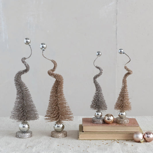 Glitter Bottle Brush Tree with a Wire Ball Tip and Wood Base
