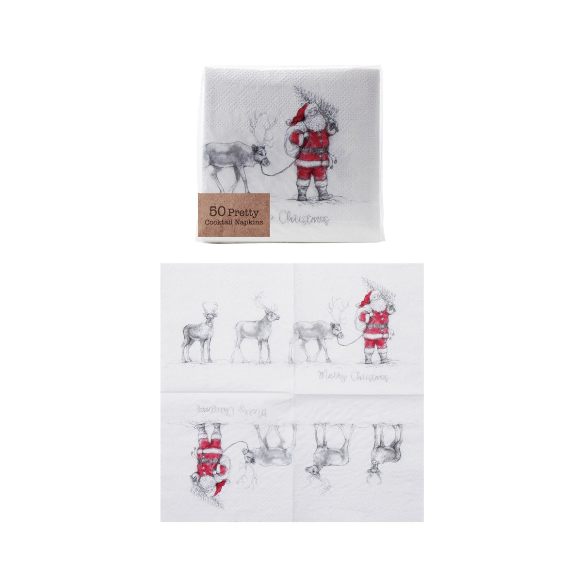 Christmas napkins with illustrations of Santa & reindeer on a white background