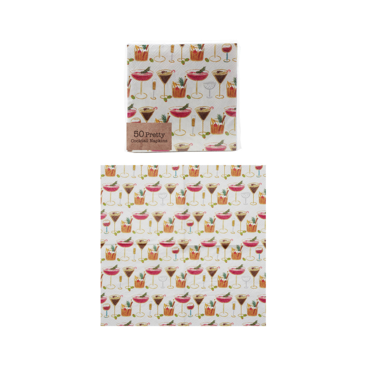 Pack of fun cocktail-themed napkins on a white background